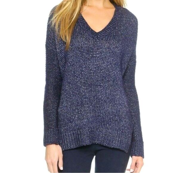 Vince Metallic Textured V Neck Sweater in Navy S - Picture 13 of 13